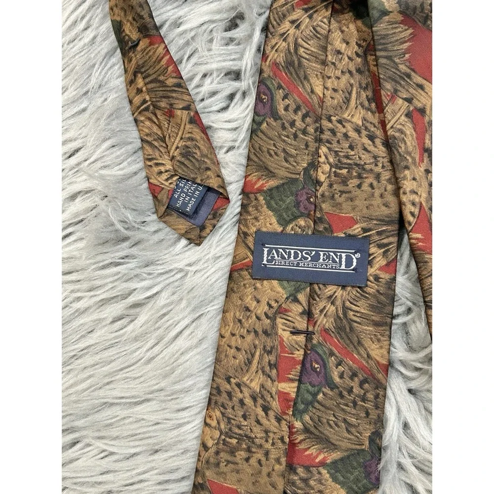Lands End Mens Hand Printed Pheasant Designed 100% Silk Necktie USA‎ MADE